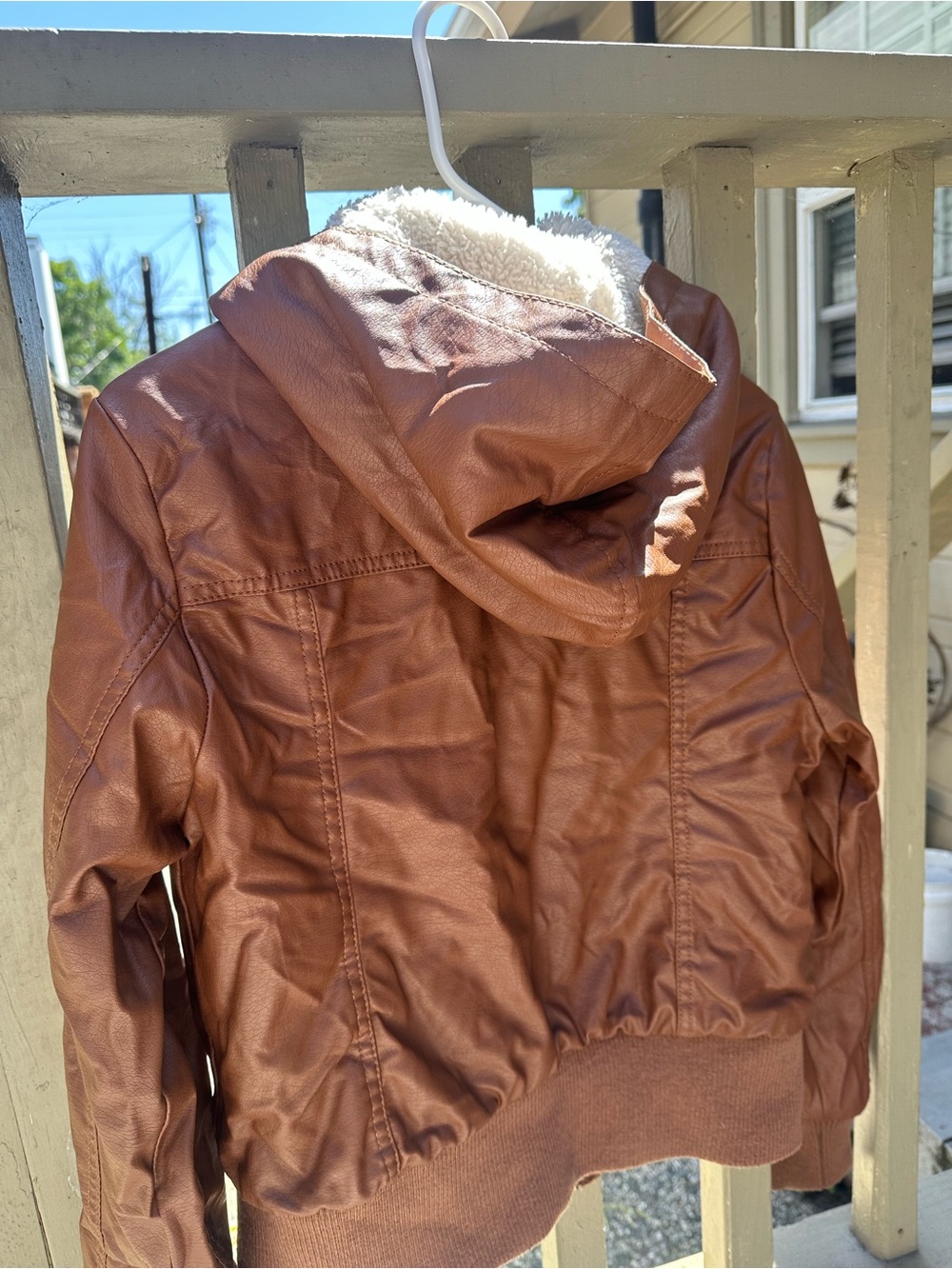 Women’s Brown Faux Leather Hooded Jacket with Sherpa Lining - Picture 4 of 7